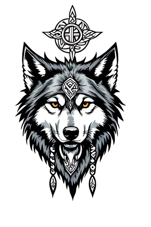 wolfs head surounded by native american and celtic symbols tattoo design idea
