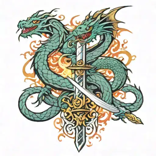 dragons wrapped around a sword horizontally with flames  tattoo design idea