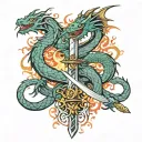 dragons wrapped around a sword horizontally with flames  tattoo design idea