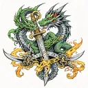 dragons wrapped around a sword horizontally with flames  tattoo design idea