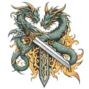 dragons wrapped around a sword horizontally with flames  tattoo design idea