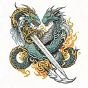 dragons wrapped around a sword horizontally with flames  tattoo design idea
