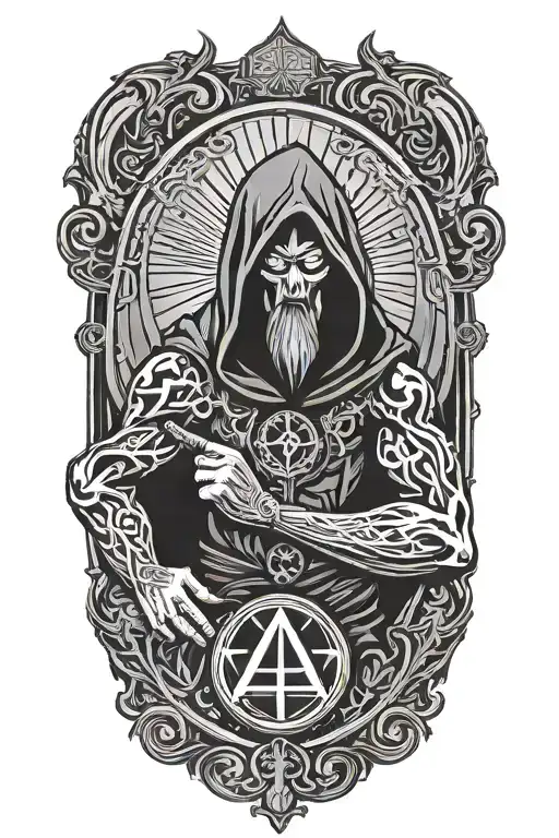 occult dark fantasy emblem with male figure and AA symbol tattoo design idea
