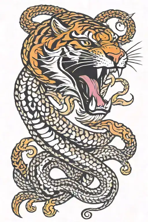 an upright snake with tiger stripes in the scales and horns tattoo design idea