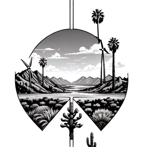 Inside of 3 staggered triangles put palm springs mountains with windmills and cactus tattoo design idea