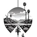Inside of 3 staggered triangles put palm springs mountains with windmills and cactus tattoo design idea