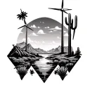Inside of 3 staggered triangles put palm springs mountains with windmills and cactus tattoo design idea