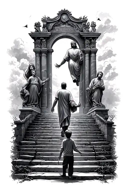 man walking up stairs to heaven gates with a child at the bottom reaching out to hold his hand tattoo design idea