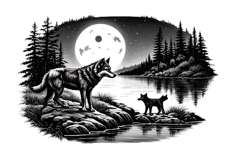 WOLF AND WOLF CUB ON THE EDGE OF A RIVER AND THE FULL MOON tattoo design idea