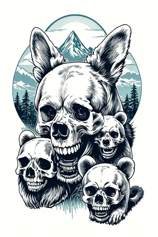 skulls, bears x1 and cubs x3 and mountain's clear sky and dog tattoo design idea
