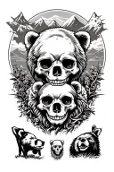 skulls, bears x1 and cubs x3 and mountain's clear sky and dog tattoo design idea