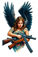 winged angel holding AK 47 tattoo design idea