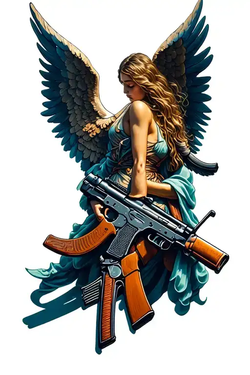 winged angel holding AK 47 tattoo design idea