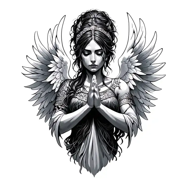 warrior woman with white colored wings in prayer hands tattoo design idea