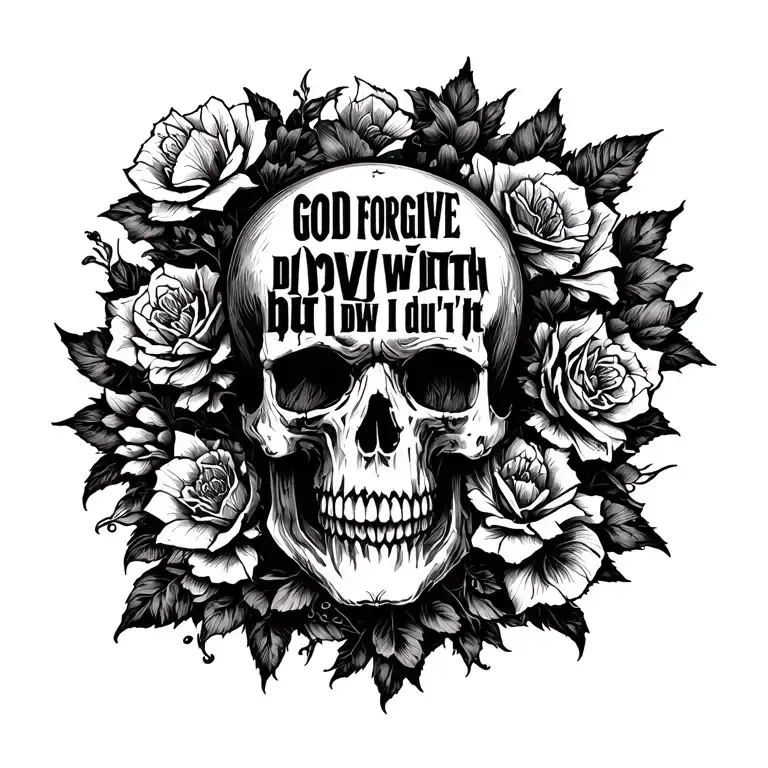 words god forgive but I don't with skull surrounded tattoo design idea