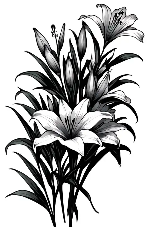 outline of Daylilies and a tall foliage bush beneath and behind daylilies  tattoo design idea