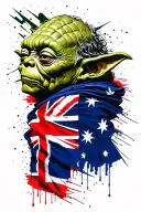 yoda draped in an australian flag, side view surrounded tattoo design idea