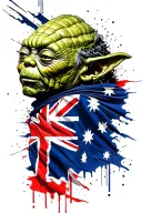 yoda draped in an australian flag, side view surrounded tattoo design idea