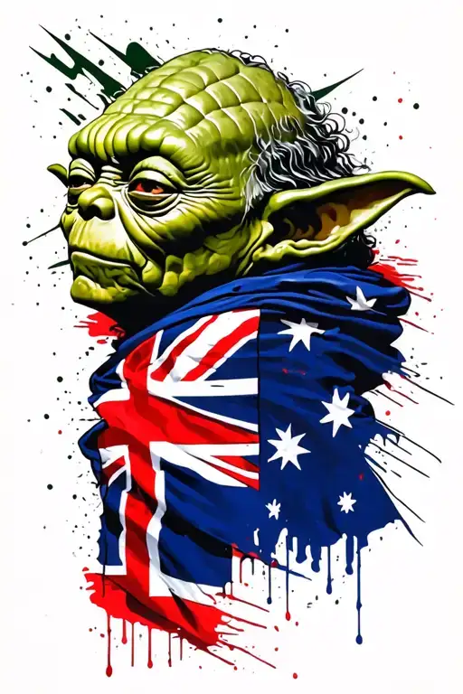 yoda draped in an australian flag, side view surrounded tattoo design idea