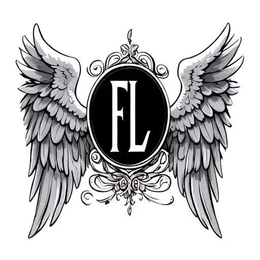 some angel wings with an aurelia and the initials FL, simple without much detail tattoo design idea