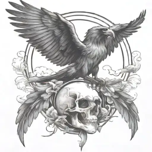 raven holding a skull flying away surrounded by rolling wind and clouds  tattoo design idea