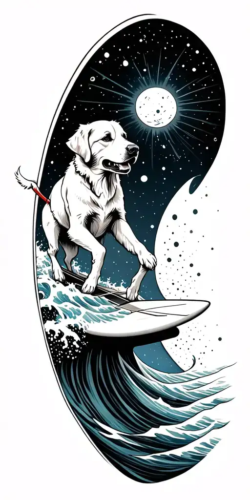 A surreal black and grey tattoo of a golden retriever riding a surfboard on a cosmic wave, inspired by Poseidon myths tattoo design idea