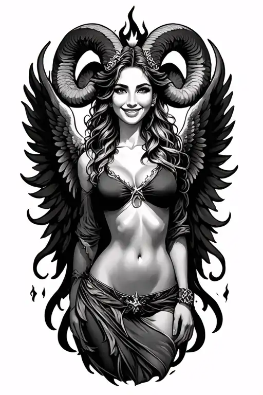 aries zodiac sign sexy smiling female wings fire surrounded tattoo design idea