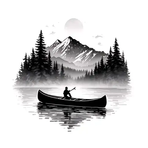 canoe in foggy forested pacific northwest mountains tattoo design idea