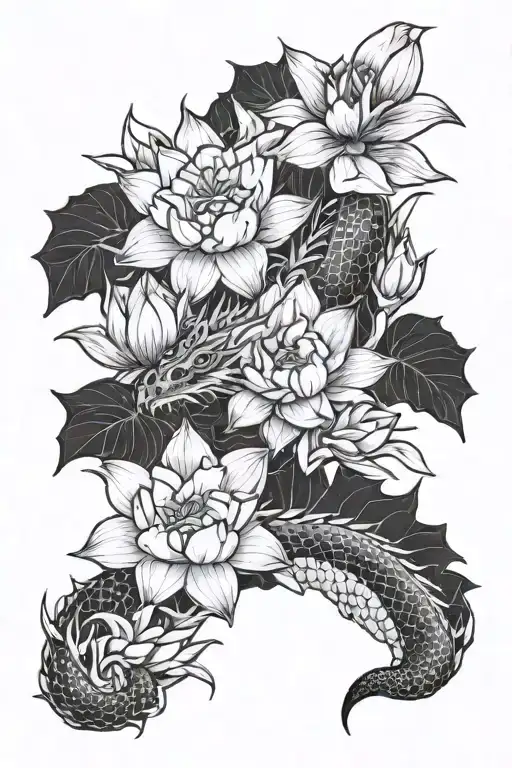 vietnamese dragon and lotus flower growing house plants tattoo design idea