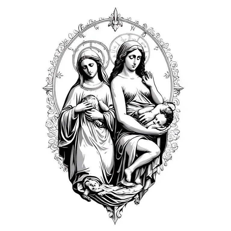 virgin Marys back to back one holding baby jesus the other in the image of la pieta holding a dead jesus tattoo design idea