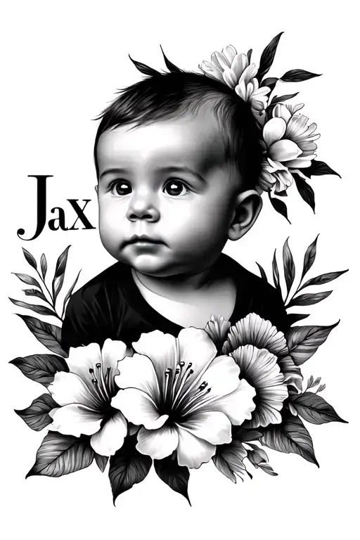 "Jax " baby portrait surrounded by blooming tropical flowers and clown fish tattoo design idea