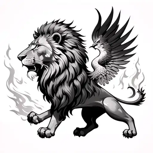 lion and phoenix rising from the ashes tattoo design idea