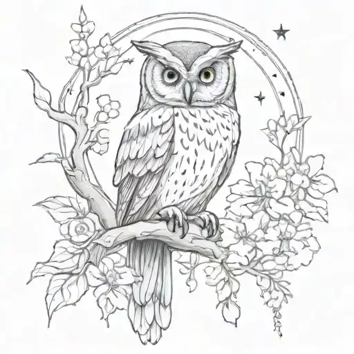 owl perched on a branch in forest with moon and flowers tattoo design idea