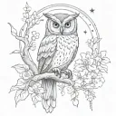 owl perched on a branch in forest with moon and flowers tattoo design idea