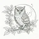 owl perched on a branch in forest with moon and flowers tattoo design idea
