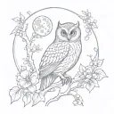 owl perched on a branch in forest with moon and flowers tattoo design idea