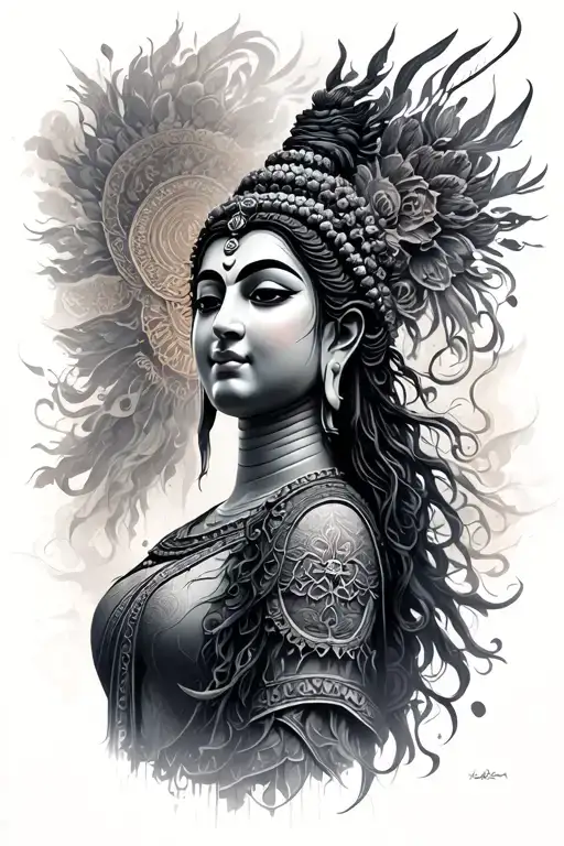 story of a warrior goddesses strength, survival protection finding balance and finding peace in buddah tattoo design idea