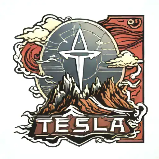 tesla logo covered mountain range tattoo design idea