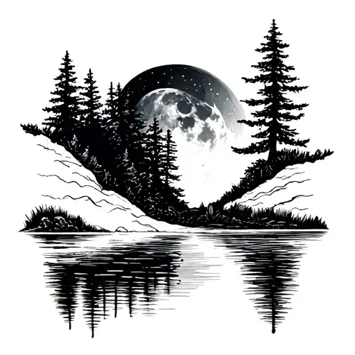 moon, river, sea, fir trees growing tattoo design idea