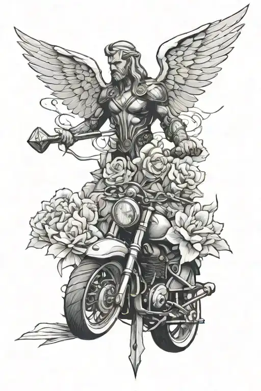 motorcycle, Thor's hammer, Nordic cross, angel, carnations tattoo design idea