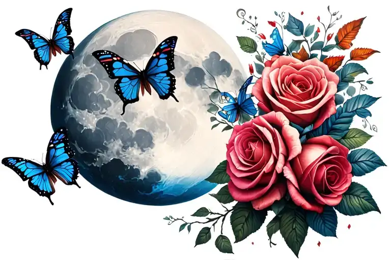 "Demon wife KC" Moon with butterflies and roses growing tattoo design idea