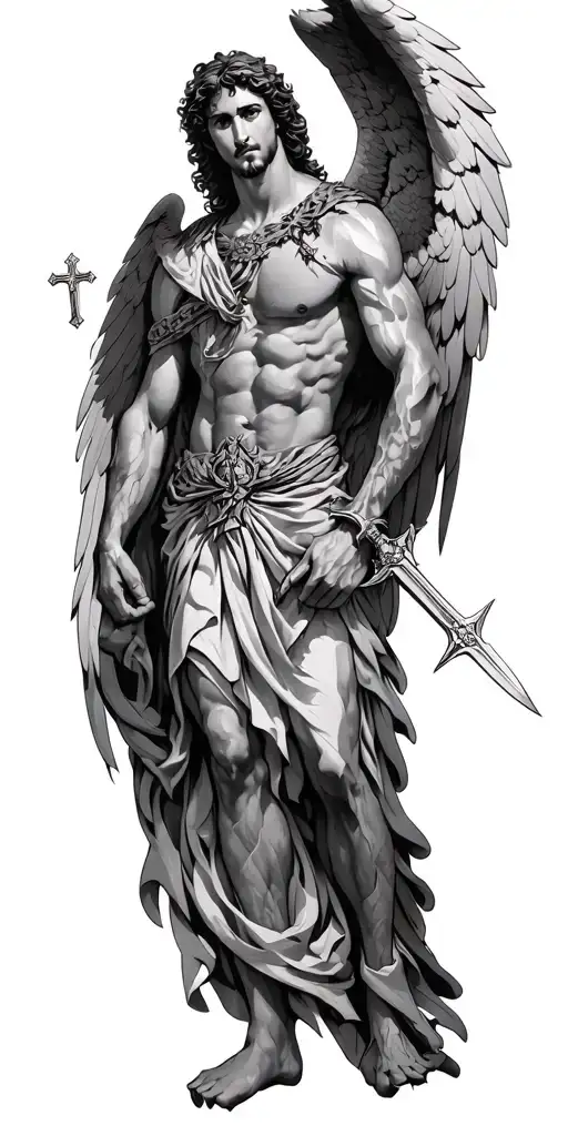 archangel Michael with cross and sword tattoo design idea