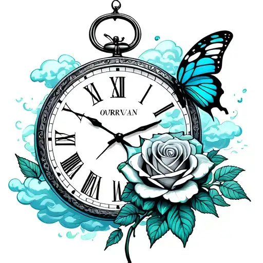 Clock 05:59 ; ovarian cancer symbol; clouds ; butterfly; rose tattoo design idea