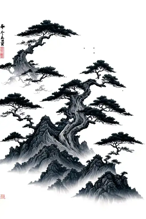 Chinese art mountains and trees tattoo design idea