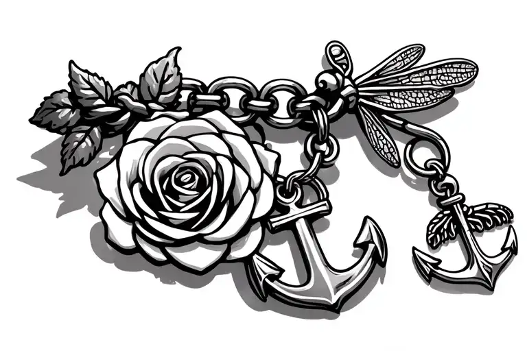 simple charm bracelet with a simple rose charm, a simple dragonfly and a simple anchor tattoo design idea