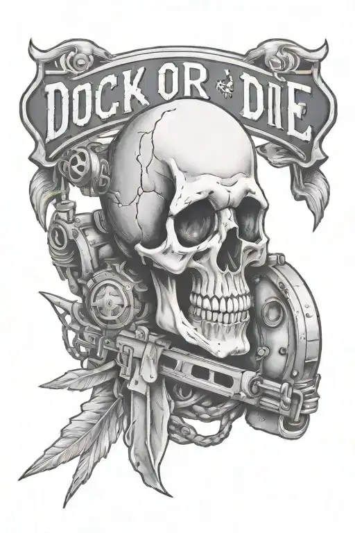 a skulll with an army tank and a banner saying dock or die  tattoo design idea
