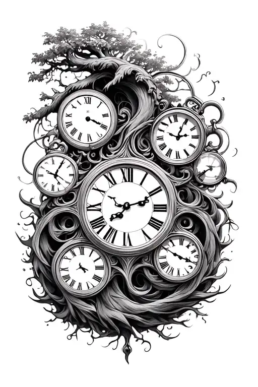 Father Time human swirling clocks filled with Roman numerals and hour glasses, also include the tree of life.  tattoo design idea