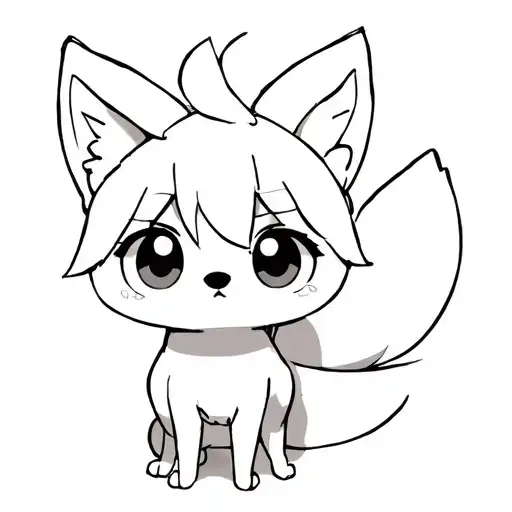anime chibi fox, clean black outline only, no shading or fills, simple big eyes and curled tail, 1-inch tatto tattoo design idea