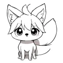 anime chibi fox, clean black outline only, no shading or fills, simple big eyes and curled tail, 1-inch tatto tattoo design idea