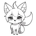 anime chibi fox, clean black outline only, no shading or fills, simple big eyes and curled tail, 1-inch tatto tattoo design idea